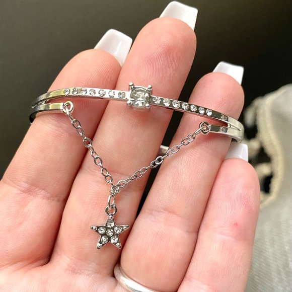 Dangle Drop Chain Star Silver & Rhinestone Crystal Clasp Bangle Bracelet - NEW - Picture 6 of 6